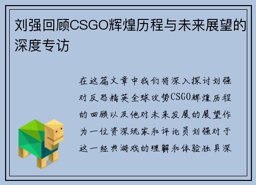 刘强回顾CSGO辉煌历程与未来展望的深度专访